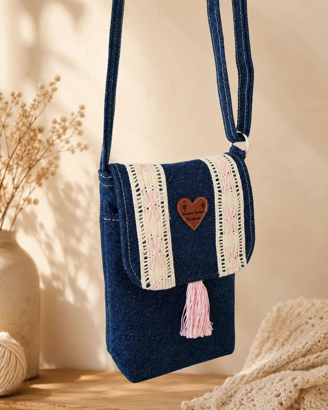 Lacivert Denim Dantel Detaylı Telefon ve Çapraz Çanta