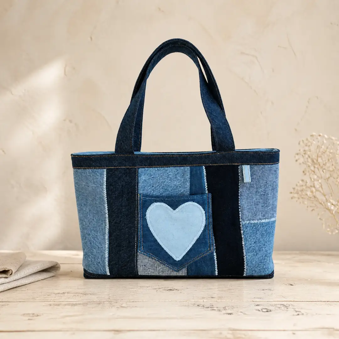 Denim Patchwork Tote Çanta – Kalp Aplikeli