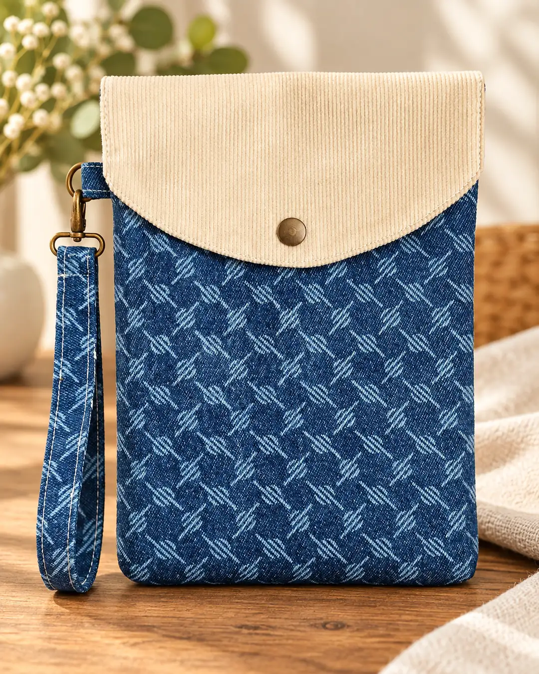 Denim & Krem Tablet Kılıfı – Bilek Askılı El Yapımı Kılıf