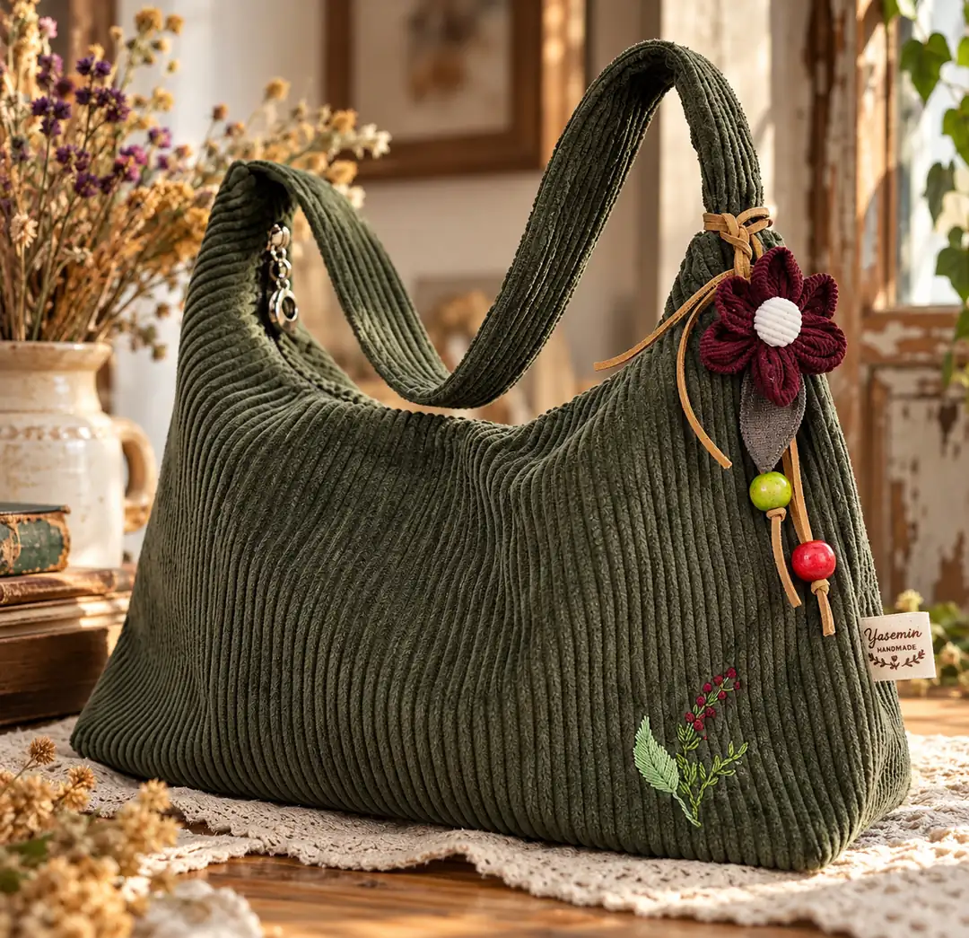 Sonbahar Fısıltısı | El Nakışlı Fitilli Kadife Hobo Çanta ve El Yapımı Charm