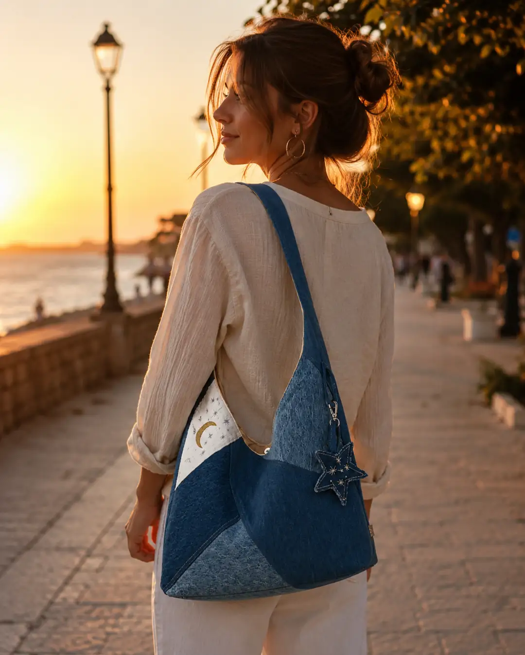 Ay–Yıldız – İşlemeli Denim Hobo Omuz Çantası