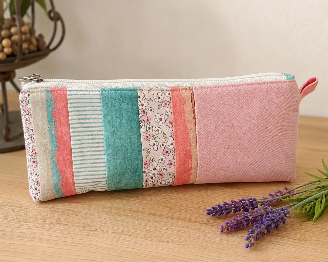 Pastel Renkli Patchwork, Kot Detaylı Kumaş Kalemlik - pembe