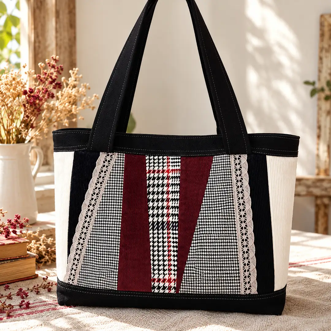 Kazayağı Detaylı Patchwork Kot Tote Çanta – Bordo, Ekru ve Siyah