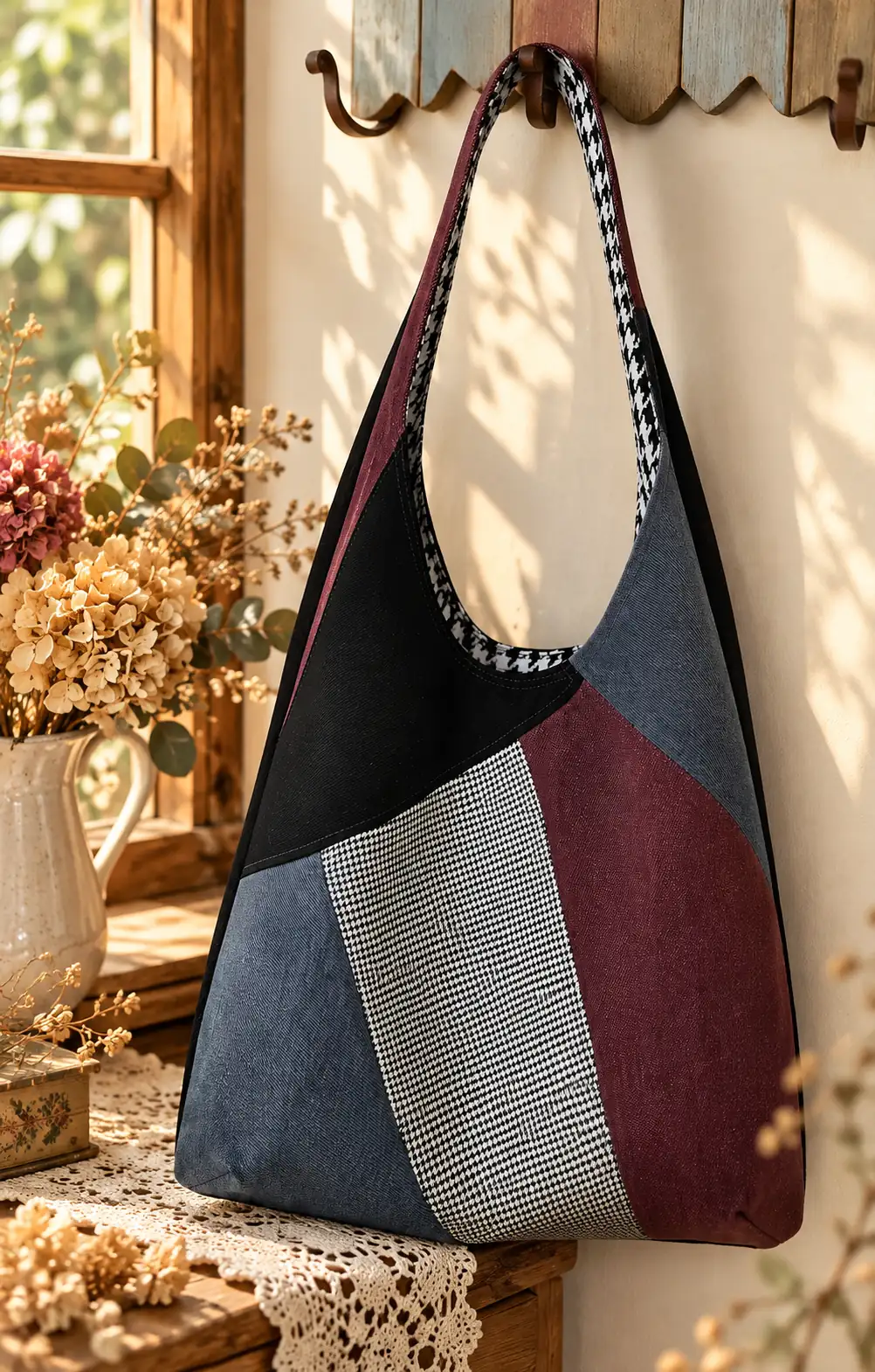 Asimetrik Patchwork Kot Hobo Çanta – Bordo, Gri ve Kazayağı