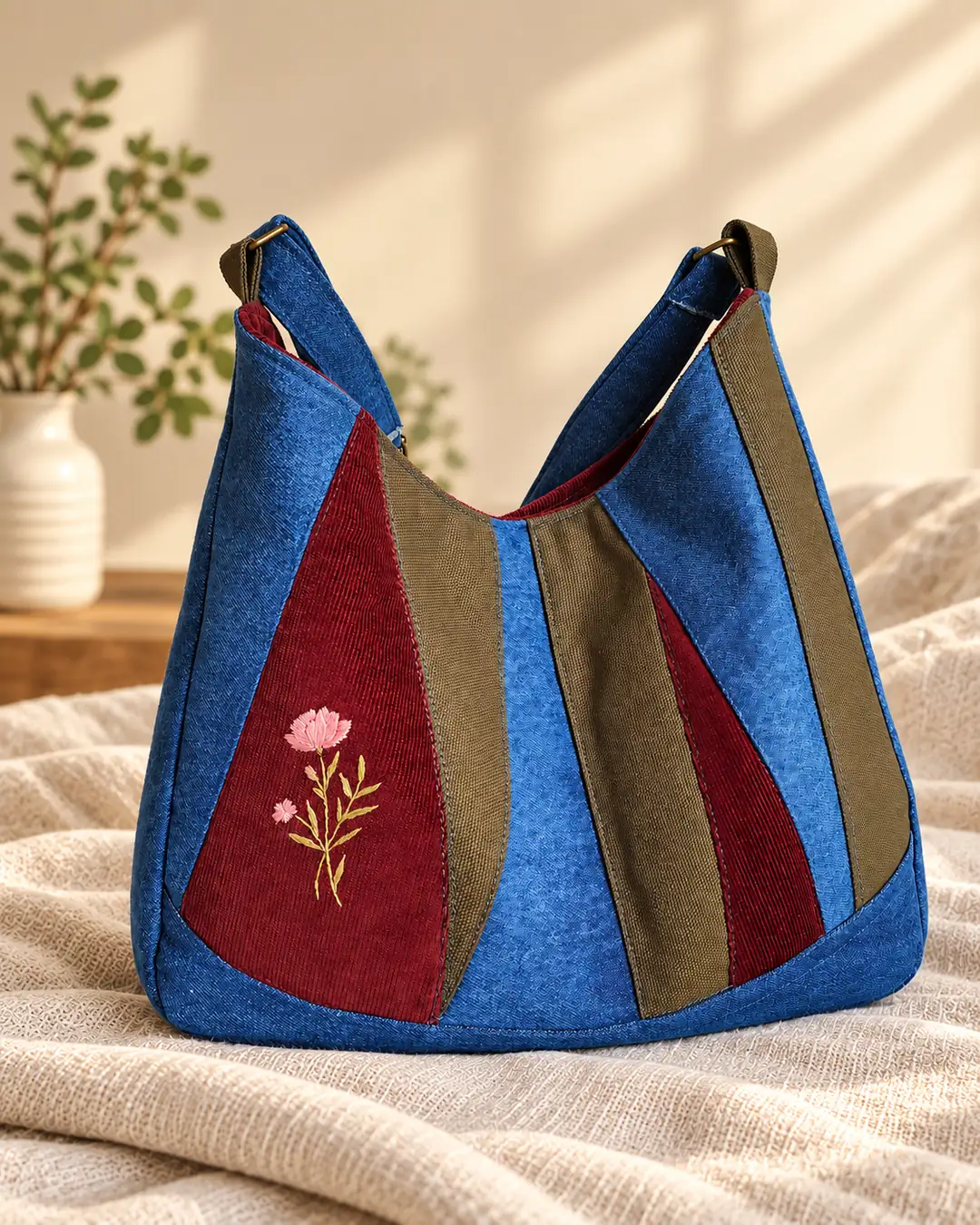 Patchwork Hobo Çanta – Mavi Denim, Bordo ve Haki El Nakışlı Omuz Çantası