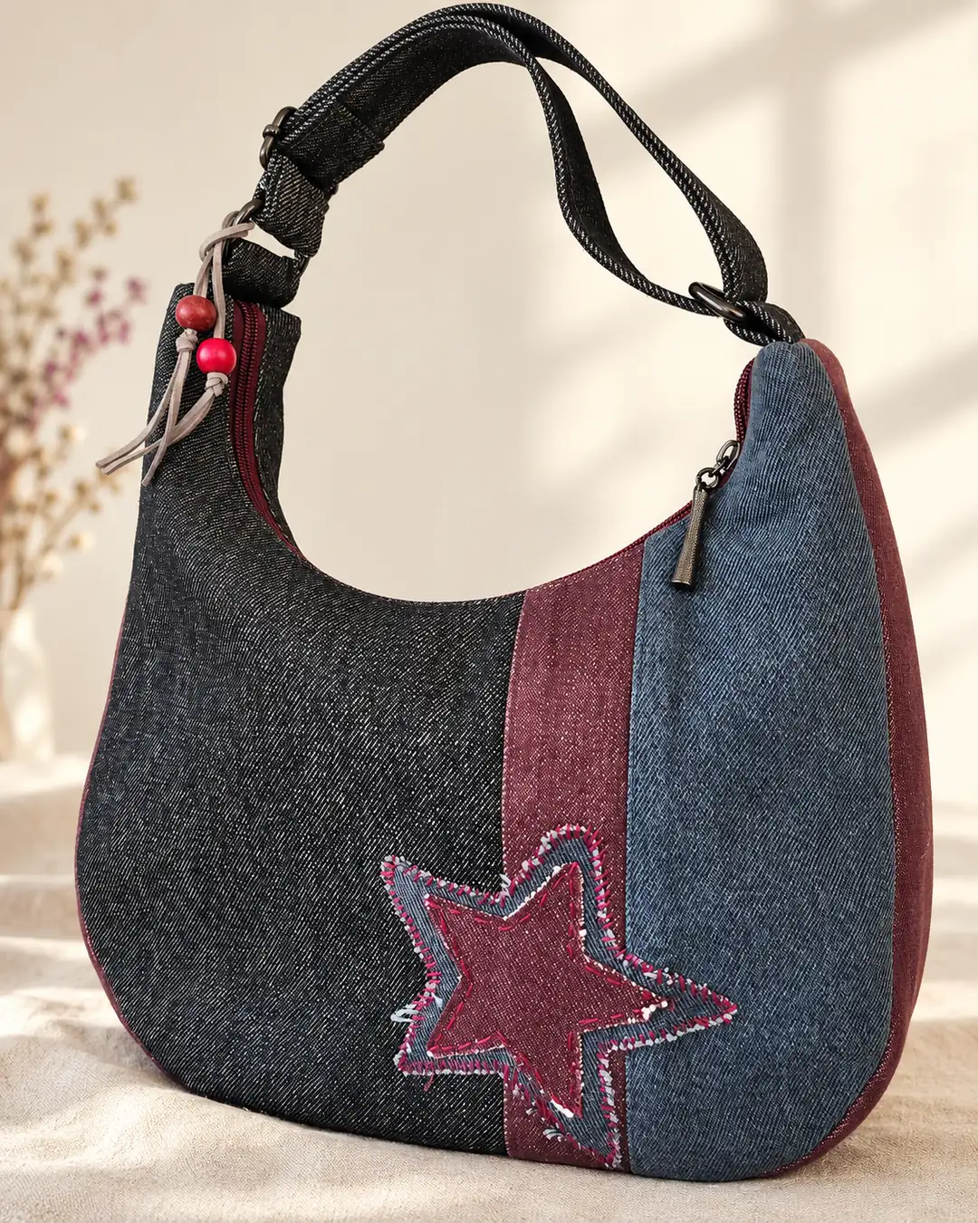 Yıldız Aplikli Patchwork Kot Hobo Çanta – Bordo, Gri ve Antrasit