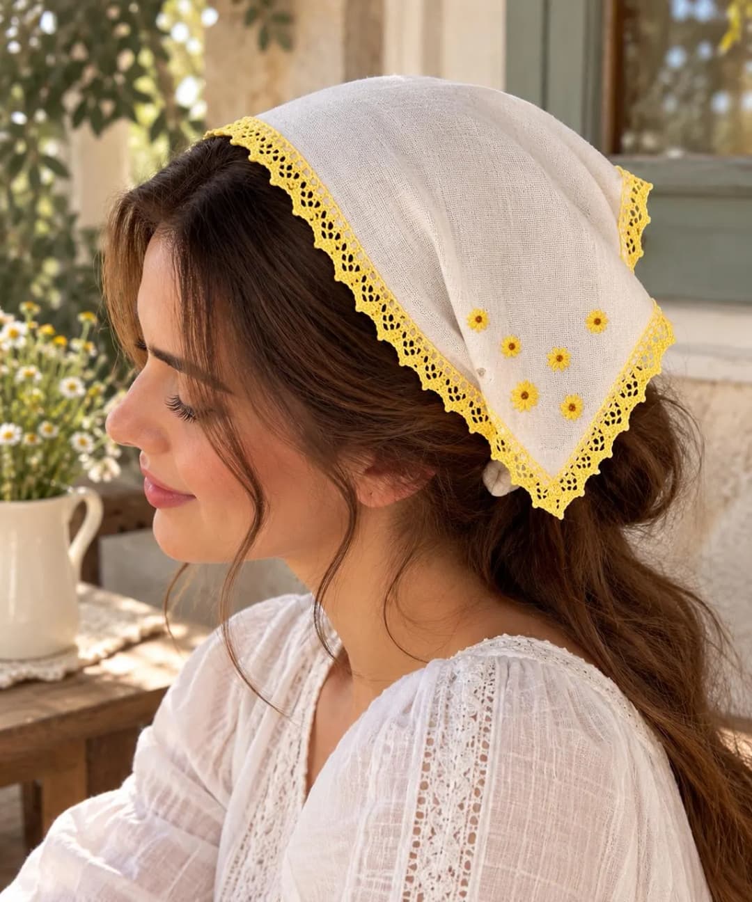 Sarı Çiçek El Nakışlı Dantel Detaylı Lastikli Bandana
