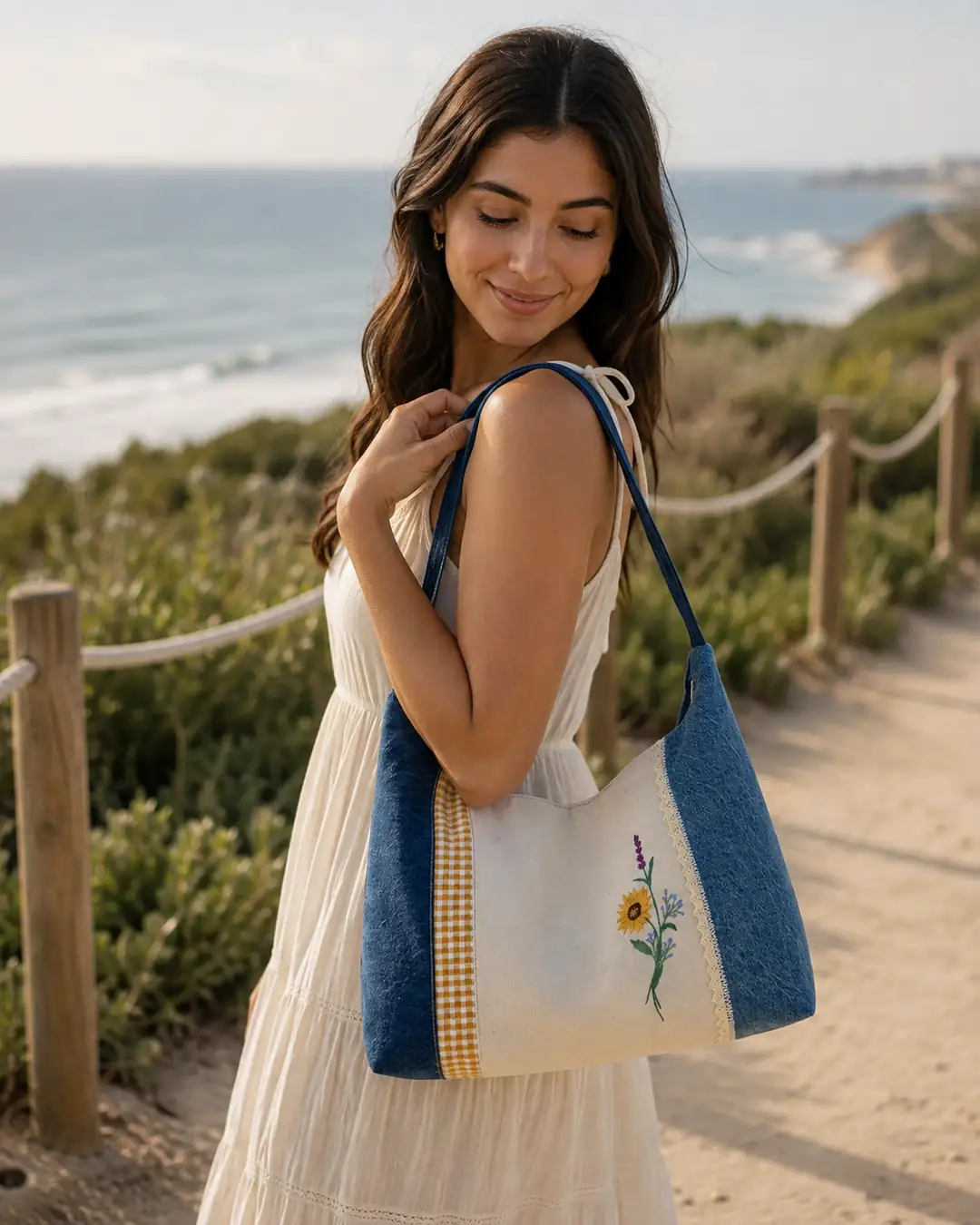 Ayçiçeği – El Nakışlı Denim Hobo Omuz Çantası