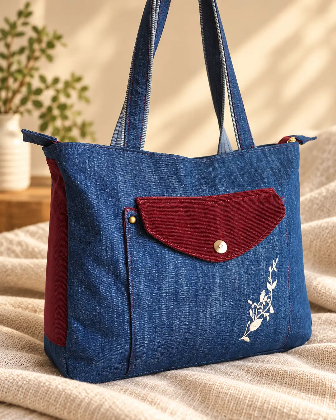 Bordo Cep Detaylı Denim Tote Çanta – El Yapımı