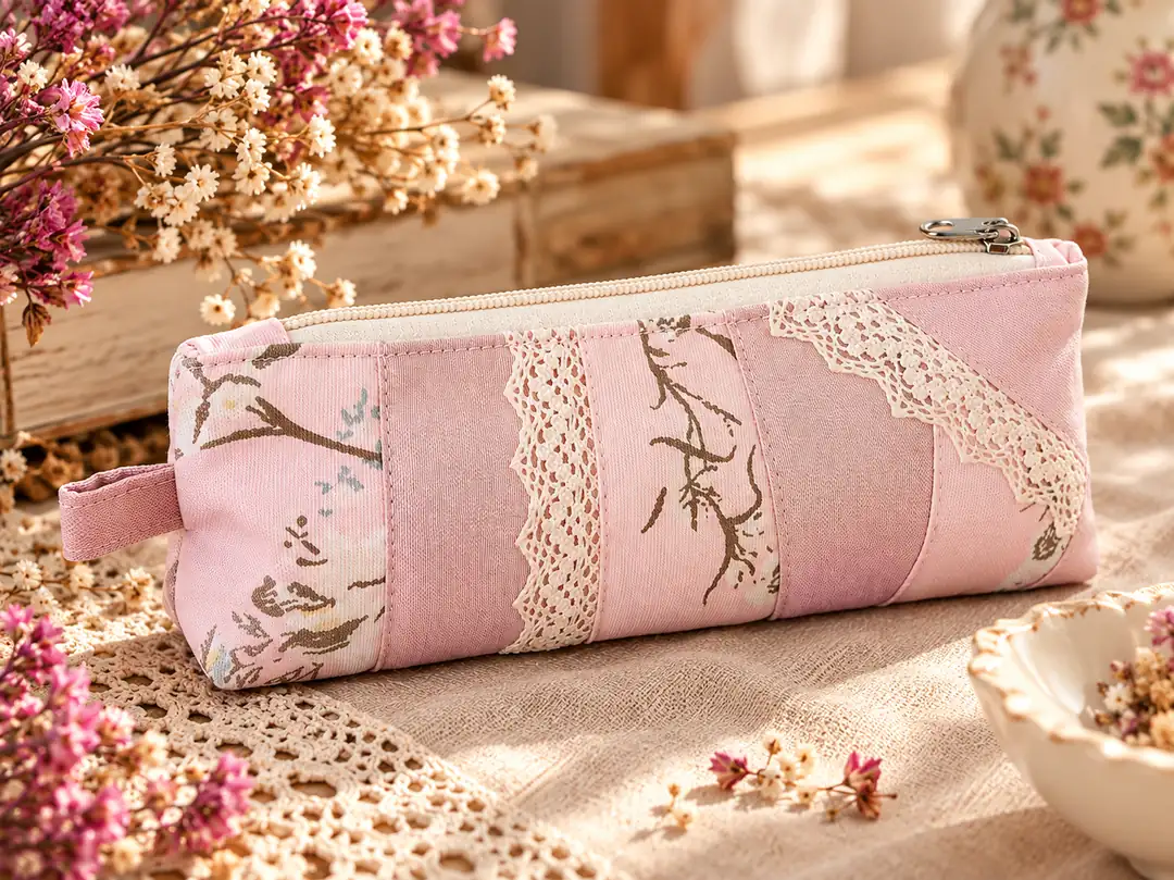 Pembe Patchwork Dantel Detaylı El Yapımı Kalemlik