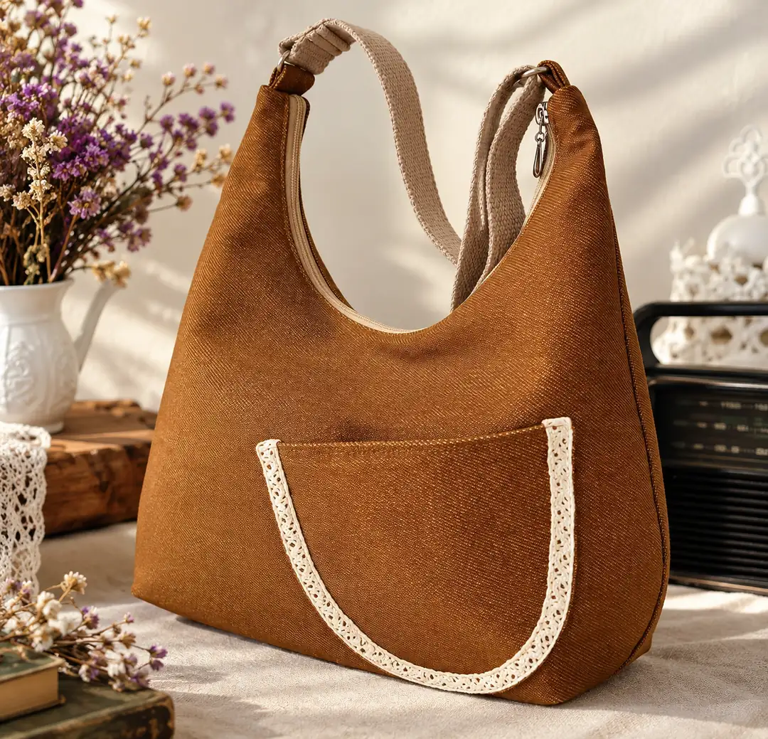 Karamel Denim Hobo Omuz Çantası – Dantel Cep Detaylı