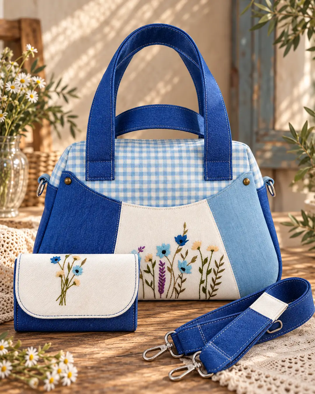 Derin Mavi – El Nakışlı Patchwork Denim Çanta