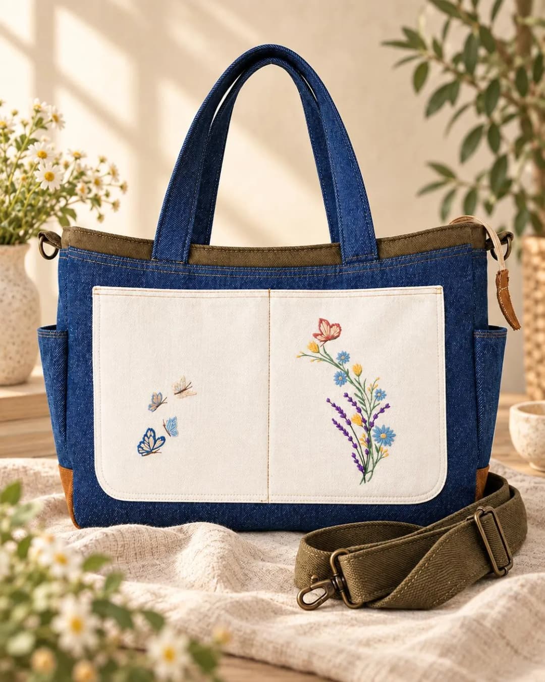 Şehirde Bahar – Nakışlı Denim Omuz ve Tote Çanta