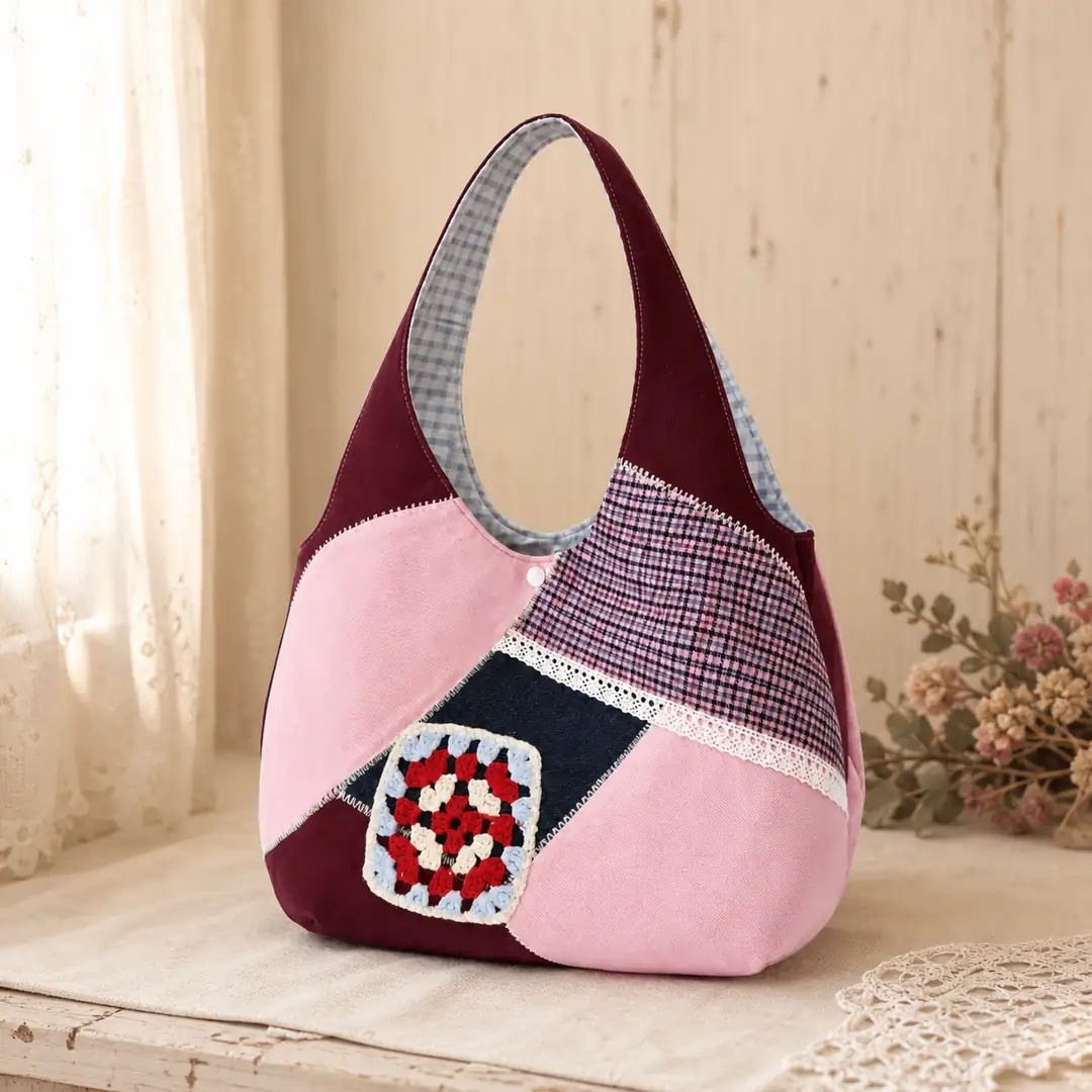 Bordo Pembe Patchwork Omuz Çantası