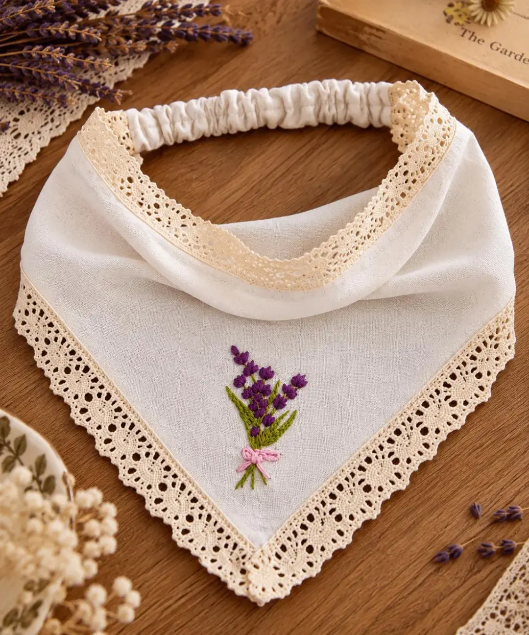 Lavanta El Nakışlı Krem Dantelli Lastikli Bandana