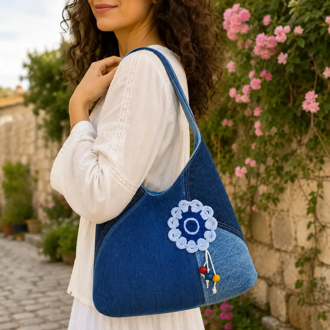 Mavi Motif – Örgü Detaylı Denim Hobo Çanta