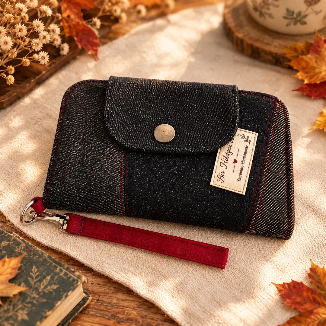 Siyah ve Füme Denim Patchwork Cüzdan – El Yapımı Özgün Tasarım