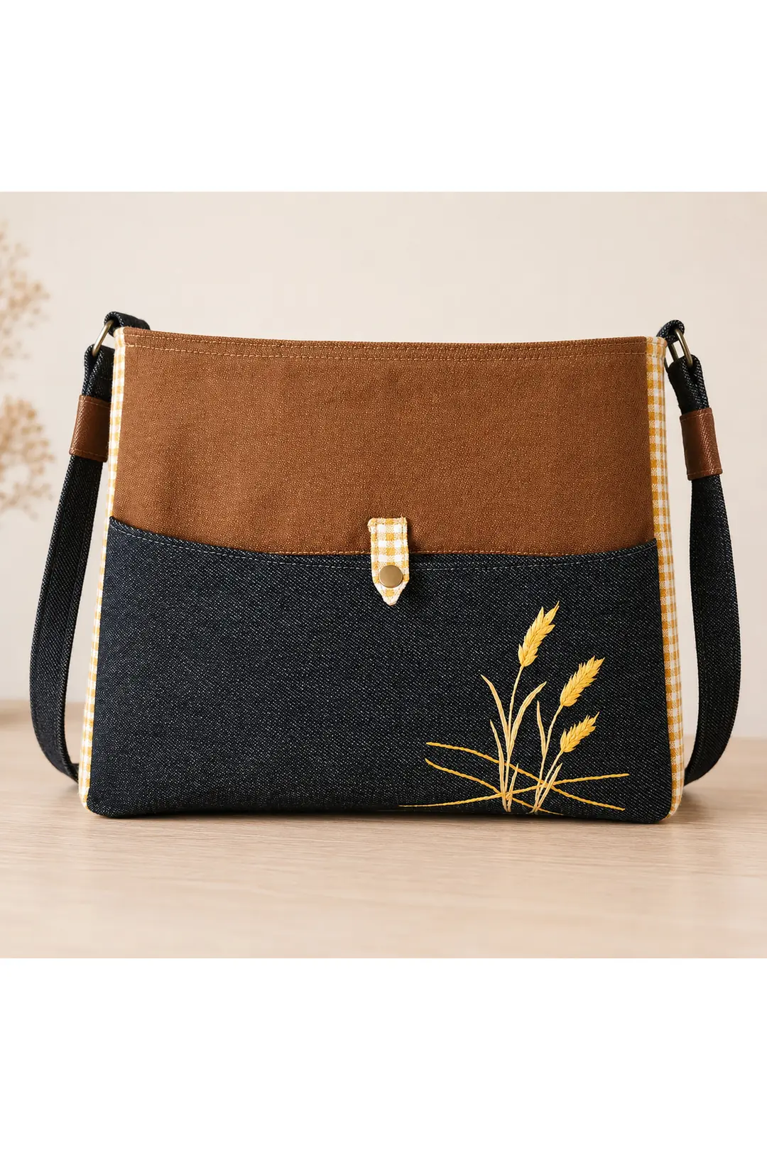 Başak Nakışlı,  Toprak ve Füme Denim, Ekose Kumaş Detaylı Omuz Çantası