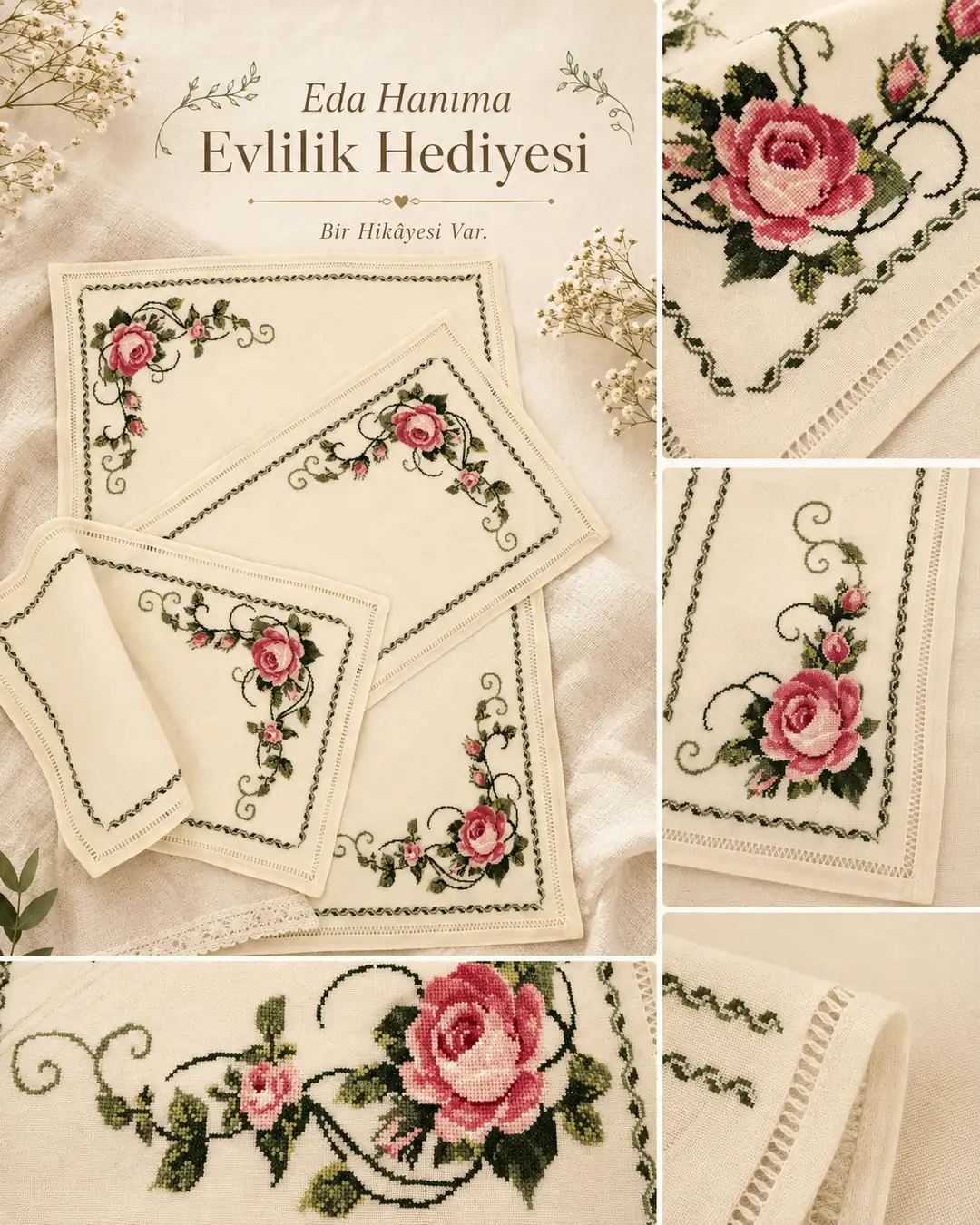 Eda Hanım için evlilik hediyesi olarak hazırlanan gül işlemeli sofra takımı