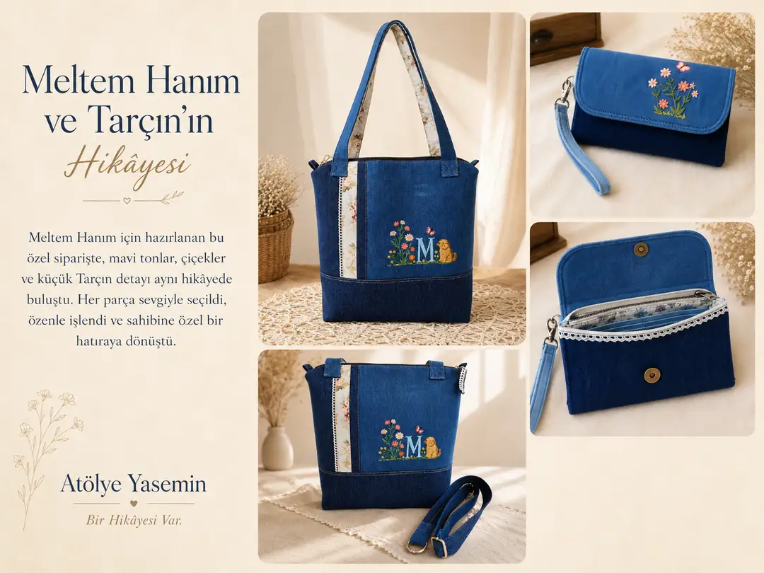 Meltem Hanım ve Tarçın için hazırlanan kişiye özel denim çanta