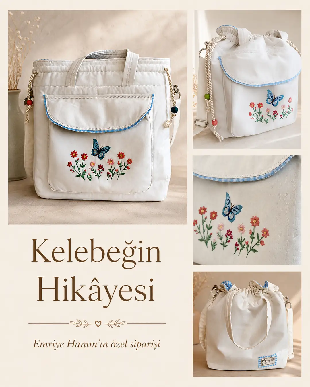 Emriye Hanım için hazırlanan kelebek ve kır çiçekleri işlemeli çanta